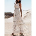 Miniatyrbild 1 av 5: Sommar Boho Långa Klänningar Kvinnor Spets V-hals Spaghetti Rem Klänning Dam Off Shoulder Strandklänning Vit Klänning Vestidos De Mujer DHLYQ20 Beige M