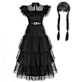 Miniatyrbild 1 av 3: Onsdag Addams Cosplay Set Gothic Mesh Klänningar Peruker Karnevalsfest Klänning Kvinnor One Size With Wig