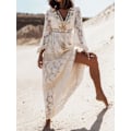 Miniatyrbild 1 av 5: Sommar Boho Långa Klänningar Kvinnor Spets V-hals Spaghetti Rem Klänning Dam Off Shoulder Strandklänning Vit Klänning Vestidos De Mujer DHLYQ19 Beige S