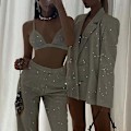 Miniatyrbild 3 av 5: Paljett Silver Blazer Kavaj Kort Topp Enfärgad Kostym För Kvinnor - Mode/casual Bodycon Vacker Vår/sommar Kläder Silver L