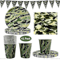 Miniatyrbild 1 av 4: 41-pack Kamouflage Engångsdukning, Kamouflagefesttillbehör med Camo Tallrikar Koppar Servetter och Triangelfana för Armé Militärt Jakttema