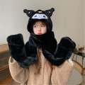 Miniatyrbilde 3 av 4: Kvinner Jenter 3 I 1 Kawaii Kuromi Plysj Lue Med Skjerf Hansker Vinter Utendørs Varme Gaver Black