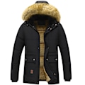 Miniatyrbilde 2 av 4: Vinterjakke for menn 2024 - Tykk fleece, vindtett, hette, pelsfor, parka, klassisk, casual Negro XS