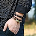 Miniatyrbillede 5 af 5: 4 stk. træperle armbånd bangle til mænd og kvinder læder wrap manchet tribal håndled-bånd armbånd justerbar