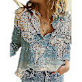 Miniatyrbillede 4 af 5: Dame Verdens Kort Bomuld Linned Almindelig Bluse Toppe Løse Langærmet T-shirt blue 4XL