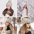 Pikkukuva 6 / 6: Naisten pompom-hattu, talvinen pipohattu, lämpövuorellinen fleece-hattu, naisten neulotut villahatut tekoturkispompomilla Beige