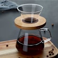 Miniatyrbilde 3 av 8: Transparent Glass Kaffe Dripper Kaffe Filter Holder Kaffe Filter Kjegle med Trepute Kaffe Trakt