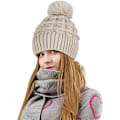 Pikkukuva 2 / 6: Naisten pompom-hattu, talvinen pipohattu, lämpövuorellinen fleece-hattu, naisten neulotut villahatut tekoturkispompomilla Beige