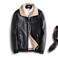 Miniatyrbillede 4 af 4: Efterårs- og vinterjakke til mænd i fleece med PU-læder, retro lynlås, vindjakke, bikerjakke, moderigtigt tøj Black 4XL
