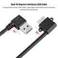 Miniatyrbild 3 av 5: 10 tum USB 3.0 dubbel armbågskabel - Höger 90 graders armbåge till Micro USB 3.0 hane datakabel