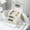 Miniatyrbillede 6 af 6: Smykkeæske til kvinder, 3-lags PU-læder smykkeorganisator med spejl