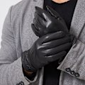 Miniatyrbillede 1 af 6: 1 par sorte touch screen vinterhandsker til mænd i Haining læder