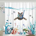 Rolig Katt Duschdraperi Set Teal Hav Ocean Vattentät Tyg