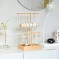 Miniatyrbillede 4 af 6: Elegant 3-lags T-formet antikvitetsbronze smykkedisplaystativ til halskæder, armbånd og ure (i guld)