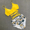 Miniatyrbillede 4 af 5: kvinder Floral High Waist Bikini Sæt Badedragt Sommer Sexet Badetøj Strandtøj Yellow L