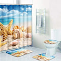 Miniatyrbilde 3 av 5: Sett med 4 sjøstjerner Seashells Beach Blue Sky Ocean Ferie dusjgardiner med sklisikre tepper Toalettlokk og badematte flaggermus