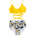 Miniatyrbillede 2 af 5: kvinder Floral High Waist Bikini Sæt Badedragt Sommer Sexet Badetøj Strandtøj Yellow L