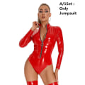 Miniatyrbillede 1 af 5: Hot imiteret læder Kattedragt Erotisk Kvinder Sexet Lingeri PVC Latex Bodysuit Front Lynlås Bodycon Jumpsuits med strømpestretch Red-A XL