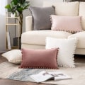 Miniatyrbillede 5 af 5: Pakke med 2 fløjlspudebetræk Pompom dekorative pudebetræk Solid blødt pudebetræk med poms Firkantet til sofa Sofa Soveværelse Bil 18x18inch Da 24 x24 Pink