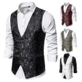 Miniatyrbild 4 av 4: Enkelknäppt väst för män Slim Fit formell print väst L Black