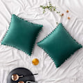 Miniatyrbillede 1 af 5: Pakke med 2 fløjlspudebetræk Pompom dekorative pudebetræk Solid blødt pudebetræk med poms Firkantet til sofa Sofa Soveværelse Bil 18x18inch Da 24 x24 Green
