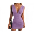 Miniatyrbild 1 av 4: Sexig långärmad V-hals Ruched Bodycon Klänning för kvinnor M