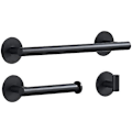 Miniatyrbillede 1 af 5: Mat sort 30 cm håndklædeholder kompatibel med badeværelse med toiletpapir dåse og krog, selvklæbende badeværelsestilbehør uden boring, 3 rum