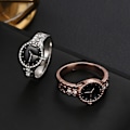 Miniatyrbillede 4 af 5: Watch Shape Rhinestone Alloy Pointer Rund Urskive Par Finger Ring til Cocktail Party Rose Gold US 10