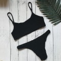 Miniatyrbillede 1 af 3: Kvinder Sommer Crinkle Bikini Sæt Plain Badetøj Badedragt Black L