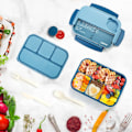 Pikkukuva 6 / 7: Lounasrasia, 1300ml Bento Lounasrasia Aikuisten ja Lasten, Lounasastiat 4 Lokerolla, 4-in-1 Ruokavalmistelusäiliö Haarukan ja Lusikan kanssa, Mikro Blue