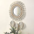Miniatyrbild 4 av 5: Väggspegel, Boho Macrame Fransad Spegel Med Träpärla Fjäderhänge (beige)