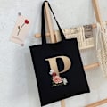 Miniatyrbillede 3 af 7: 26 bogstaver trykt lærred genanvendelige indkøbsposer, sammenklappelig afslappet rejse håndtaske, skulder strand tote tasker, shopper taske miljøvenlig super stærk vaskbar Gold P