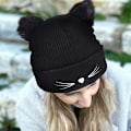 Miniatyrbilde 7 av 7: Kattøreflue, varm strikket vinterlue, kattøreflue, brodert ulllue, kald lue, søt høst- og vinterlue Svart One size