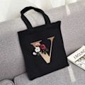 Miniatyrbillede 3 af 7: 26 bogstaver trykt lærred genanvendelige indkøbsposer, sammenklappelig afslappet rejse håndtaske, skulder strand tote tasker, shopper taske miljøvenlig super stærk vaskbar Gold V
