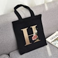 Miniatyrbillede 3 af 7: 26 bogstaver trykt lærred genanvendelige indkøbsposer, sammenklappelig afslappet rejse håndtaske, skulder strand tote tasker, shopper taske miljøvenlig super stærk vaskbar Gold H