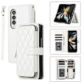 Miniatyrbillede 2 af 2: Crossbody Lanyard Lynlås Læder Z Fold 5 Etui, Etui Kompatibel Samsung Galaxy Z Fold 5 Luksus Håndledsreb Flip Stand Cover[HK] White