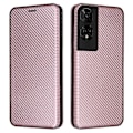 Pikkukuva 1 / 5: TCL 50 5G Nahkakotelo Hiilikuitukuvioinen Jalusta Magneettisella Sulkimella Puhelinkotelo [HK] Rose Gold