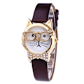 Miniatyrbild 1 av 5: Söt Kattansikte Rund Urtavla Strass Konstläder Analog Quartz Armbandsur[HK] Coffee