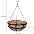 Pikkukuva 4 / 5: Riippuva kukka-amppeli 3 koria, kookoskuitu sisällä, KxL: 50x31 cm, riippuvat kasvit, sisä- ja ulkokäyttöön, metallirunko, ruskea/musta[HK]