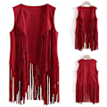 Miniatyrbillede 4 af 5: 1970'ernes Kvinde Tassel Ærmeløs Vest 70'er Retro Hippie Kunstlæder Frynser Jakke Cardigan Rød Ed L