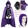 Miniatyrbild 4 av 4: Teen Titans Raven Cosplay Kostym Superhjälte Kappa Jumpsuit Zentai Halloween Åtsittande Kläder + Kappa + Midja Smycke Kedja-e Kostym och peruk Costume and wig 2XL