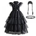 Miniatyrbillede 5 af 5: Barn Pige Onsdag Addams Family Kostume Halloween Kjole Fødselsdagsfest Kjole Bælte Paryk Dress Belt Wig 150cm