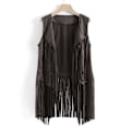 Miniatyrbillede 3 af 4: 1970'ernes Kvinde Tassel Ærmeløs Vest 70'er Retro Hippie Kunstlæder Frynser Jakke Cardigan Grå Grey M