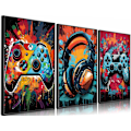 Miniatyrbillede 1 af 5: 3 stk. Cool Gaming Væghængt Kunst Retro Videospil Akvarel Plakater Billeder Farverige Neon Gamepad Lærredsmalerier Tryk 12x16in Uindrammet