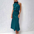 Pikkukuva 4 / 5: Seksikäs Lyhyt Satiinimekko Naisille, Kesäinen Virallinen Pitkä Mekko, Mock Neck, Hihaton, Sivuhaara, Virtaava Hihaton Maxihame, Elegantti Naisten Hame dark green M