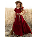 Miniatyrbild 1 av 5: Plus Size Princess Flickor Bomull Spets Fest Tonåringar Långa Klänningar Baby Barn Blomsterflicka Bröllop Födelsedag Barnkläder För 6-14y Vinröd Wine Red 10