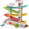 Miniatyrbild 1 av 6: Bilramp Leksak för 2-3 Åriga Pojkar, Toddler Race Track Leksak för 18 Månader med 4 Träbilar och 3 Bilgarage