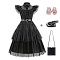 Miniatyrbillede 5 af 5: Barn Pige Onsdag Addams Family Kostume Halloween Kjole Fødselsdagsfest Kjole Bæltetaske Handsker Dress Belt Bag Gloves 130cm