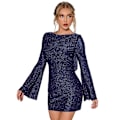 Miniatyrbillede 3 af 5: Kvinders Rygløs Ruffle Ærme Funklende Mesh Minikjole Navy Blå Navy Blue S