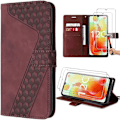 Miniatyrbillede 1 af 4: Etui til Xiaomi Redmi 12C-11A + 2 hærdet glas Rød læder-effekt præget terningmønster Folio etui med justerbart stativ